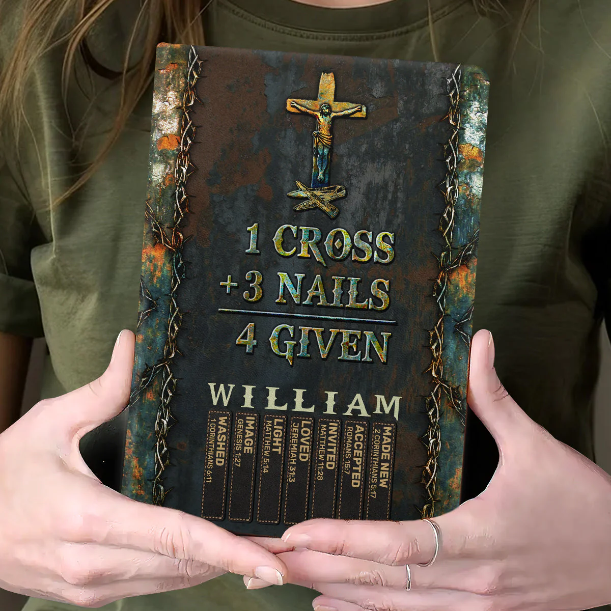 1 Cross 3 Nails 4 Given - Personalized Leather Cover Notebook