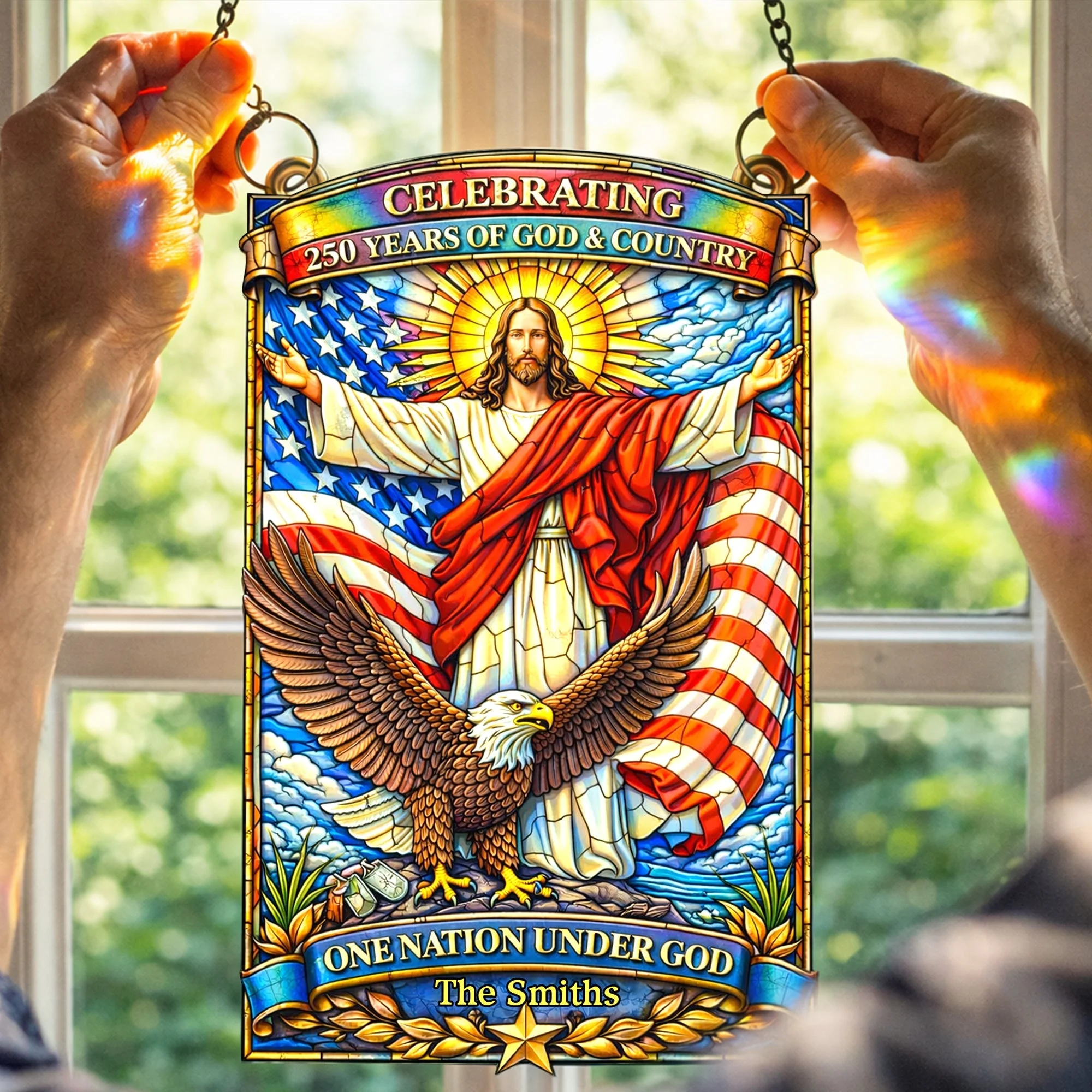 Celebrating 250 Years of God & Country Christian American - Personalized Window Hanging Suncatcher - Gift For Patriotic