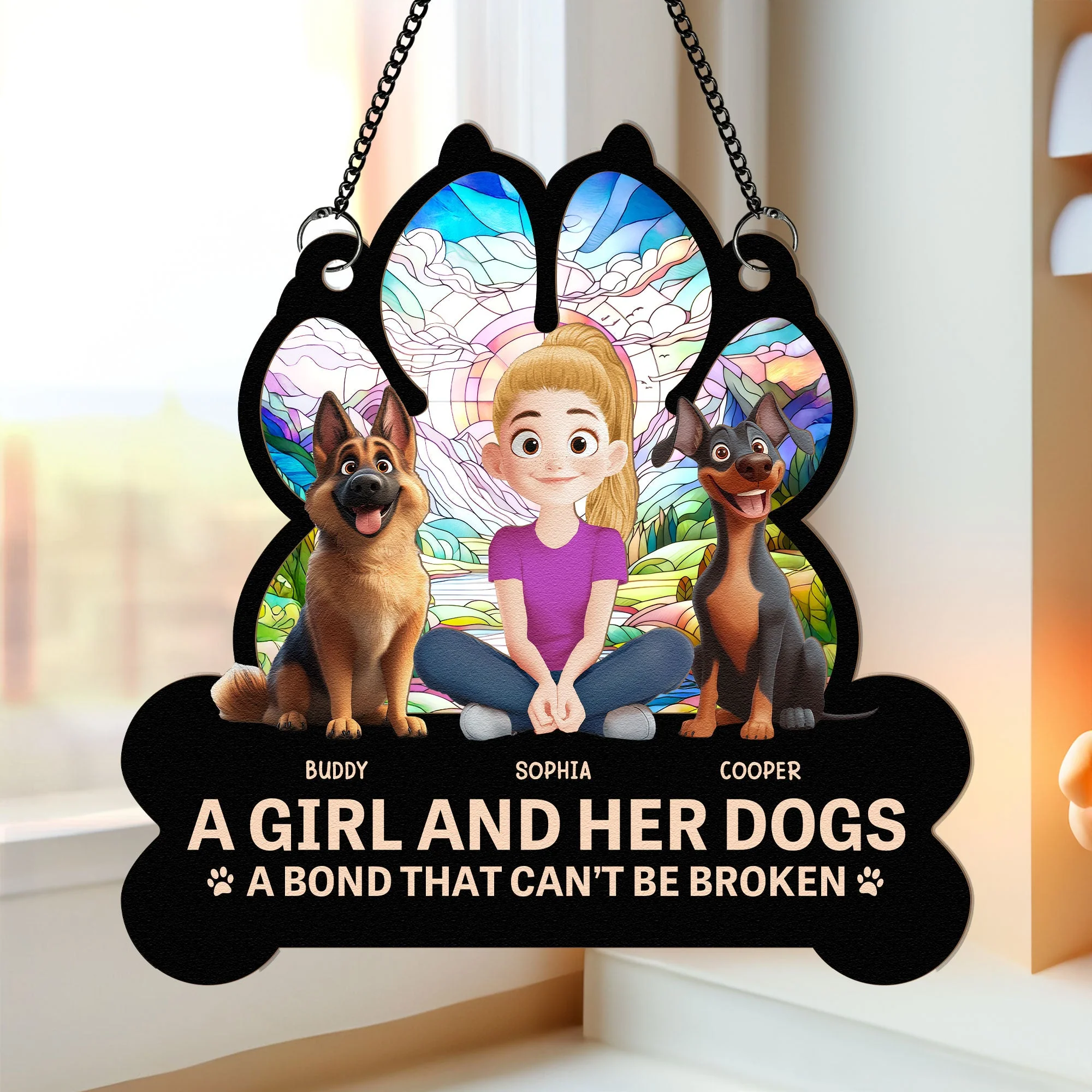 A Girl And Her Cartoon Dog A Bond That Can't Be Broken- Personalized Window Hanging Window Hanging Suncatcher Ornament - GIft For  Dog Lovers | CLP15 NA94