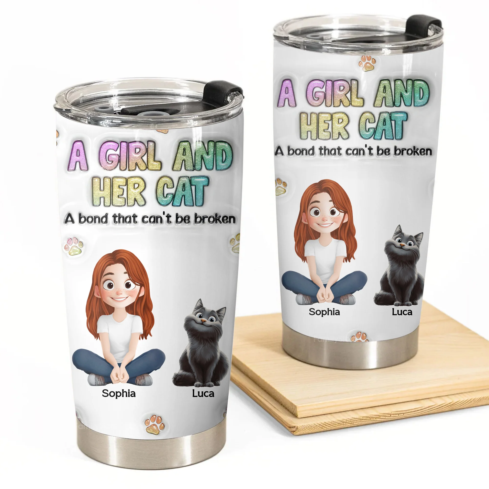 A Girl And Her Cat 3D Inflated Effect Cartoon Cat - Personalized Tumbler Cup - Gift for Pet Owners, Pet Lovers, Cat Mom | CLP15 NH96