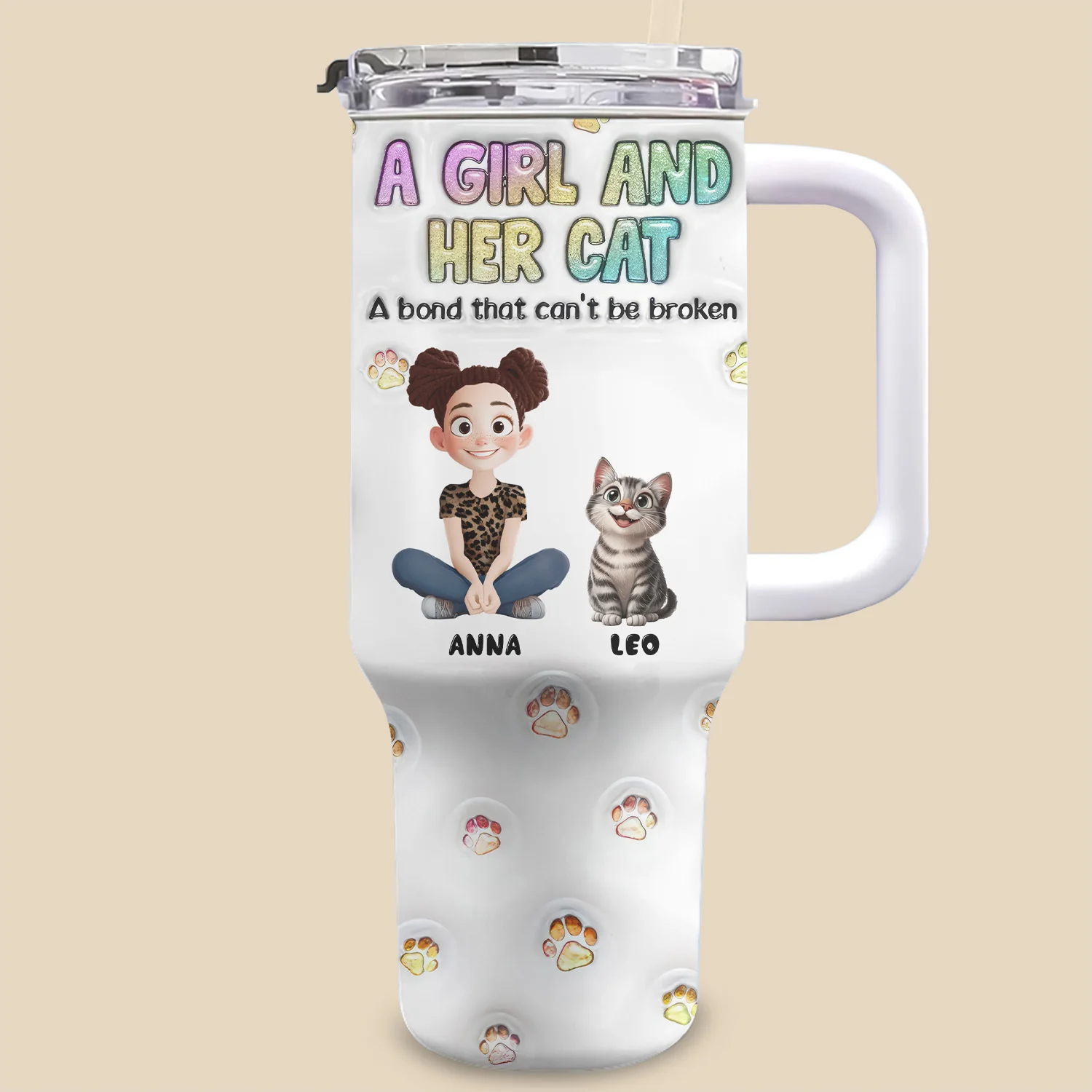 A Girl And Her Cat Can't Be Broken 3D Inflated Effect Cartoon Cat - Personalized Personalized 40oz Tumbler Cup With Straw - Gift for Pet Owners, Pet Lovers, Cat Mom | CLP15 NH96 - Image 2
