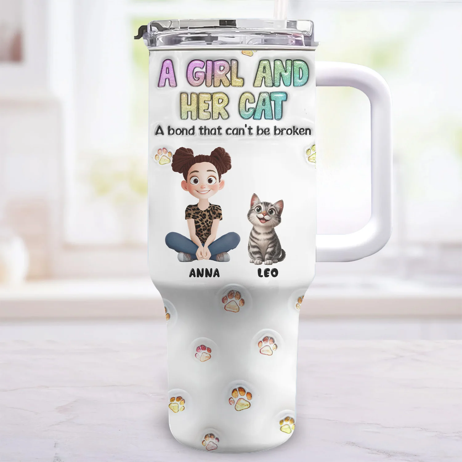 A Girl And Her Cat Can't Be Broken 3D Inflated Effect Cartoon Cat - Personalized Personalized 40oz Tumbler Cup With Straw - Gift for Pet Owners, Pet Lovers, Cat Mom | CLP15 NH96 - Image 3