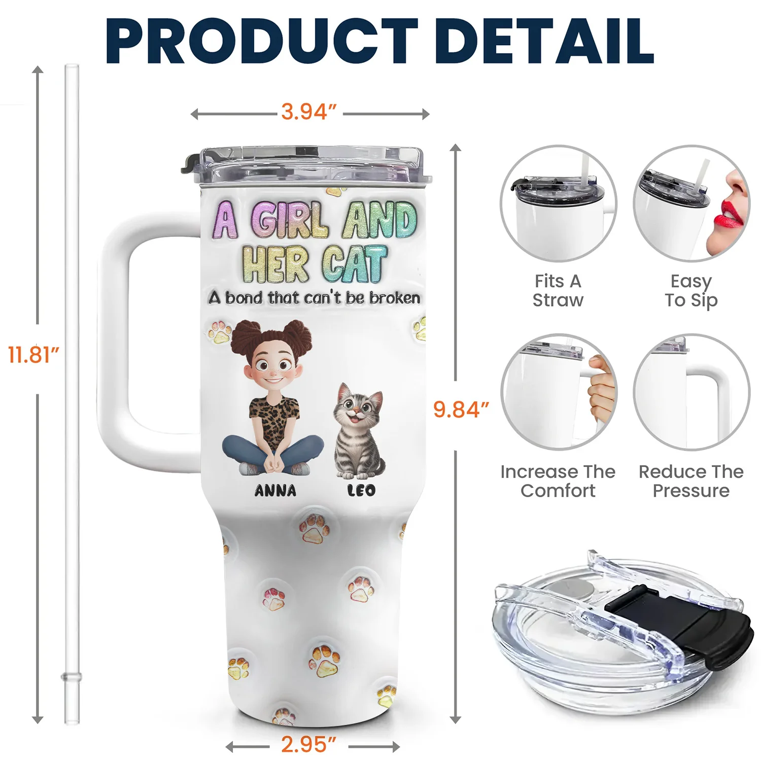A Girl And Her Cat Can't Be Broken 3D Inflated Effect Cartoon Cat - Personalized Personalized 40oz Tumbler Cup With Straw - Gift for Pet Owners, Pet Lovers, Cat Mom | CLP15 NH96 - Image 5