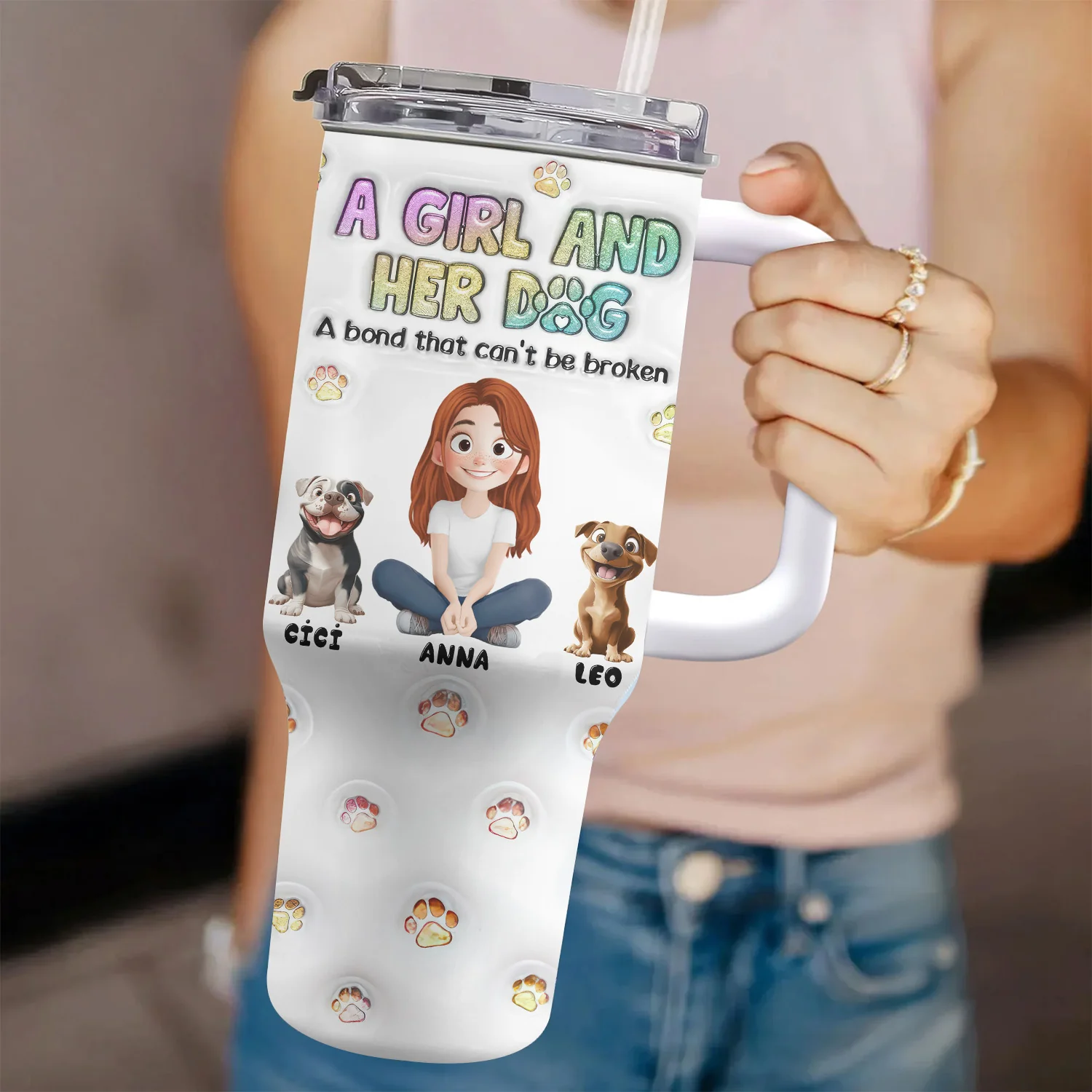 A Girl And Her Dog 3D Inflated Effect Cartoon Dog - Personalized 40oz Tumbler Cup With Straw -  Gift for Pet Owners, Pet Lovers, Dog Mom | CLP15 NH96 - Image 4