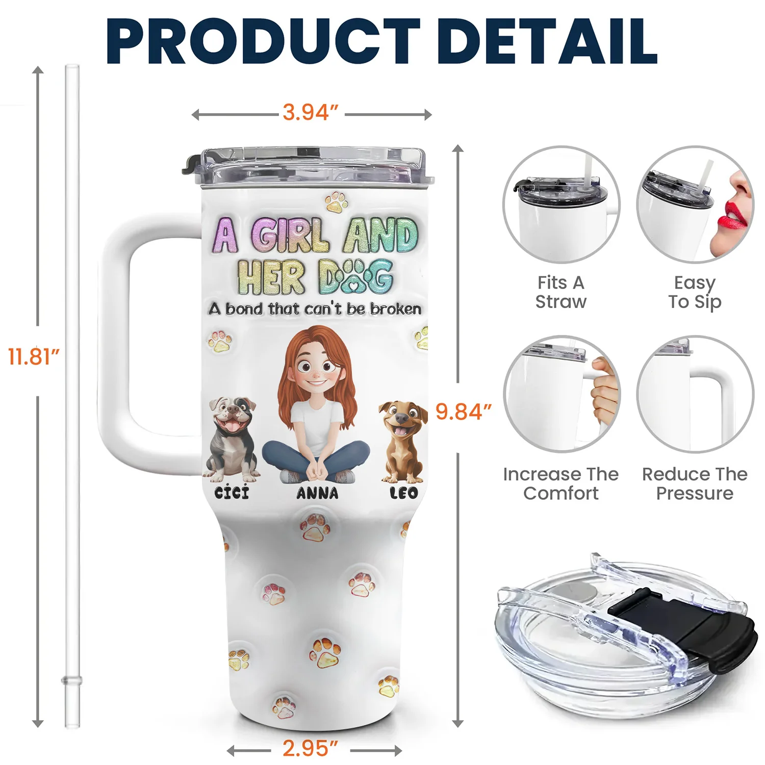 A Girl And Her Dog 3D Inflated Effect Cartoon Dog - Personalized 40oz Tumbler Cup With Straw -  Gift for Pet Owners, Pet Lovers, Dog Mom | CLP15 NH96 - Image 5