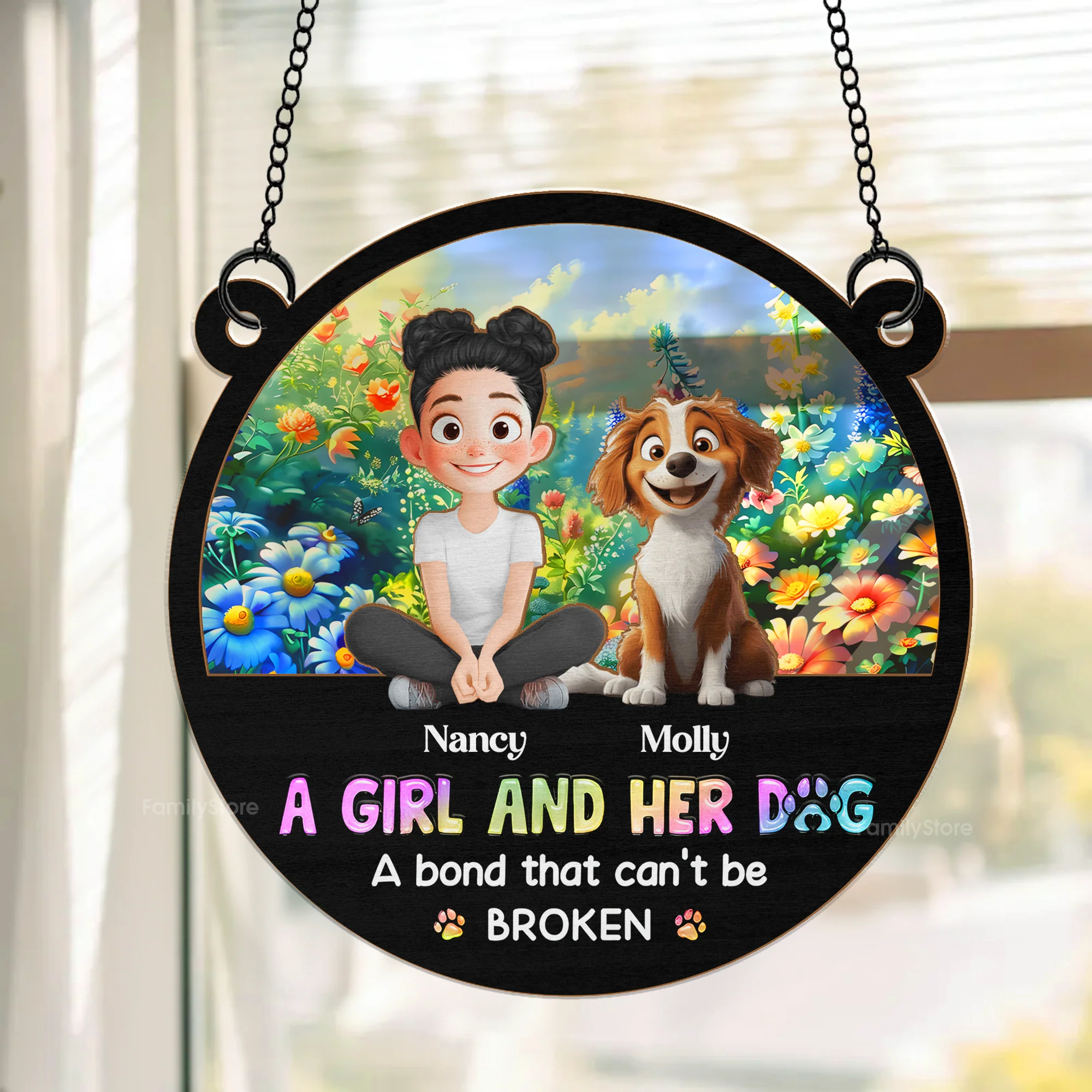 A Girl And Her Lovely Cartoon Dog - Personalized Window Hanging Window Hanging Suncatcher Ornament - Gift For Dog Lovers | CLP15 NA94