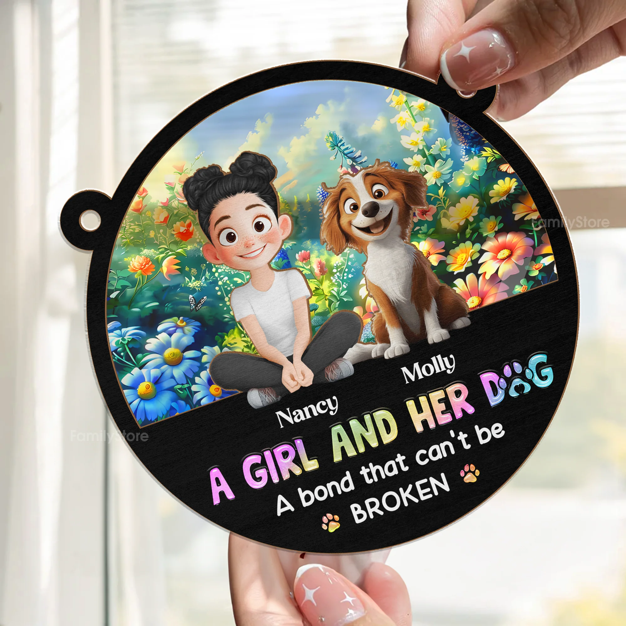A Girl And Her Lovely Cartoon Dog - Personalized Window Hanging Window Hanging Suncatcher Ornament - Gift For Dog Lovers | CLP15 NA94 - Image 2