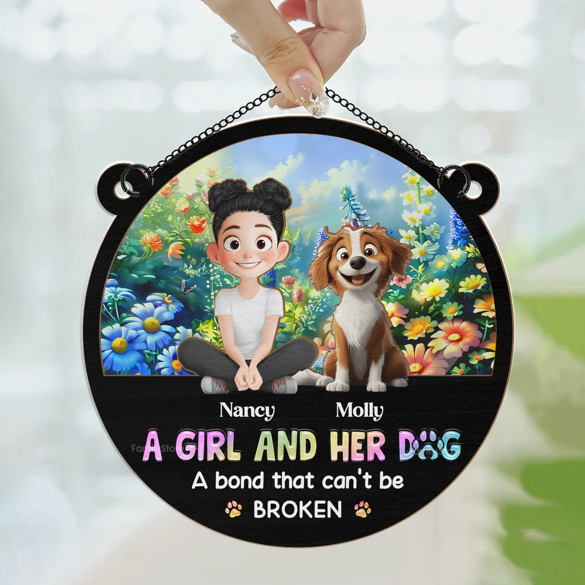 A Girl And Her Lovely Cartoon Dog - Personalized Window Hanging Window Hanging Suncatcher Ornament - Gift For Dog Lovers | CLP15 NA94 - Image 3