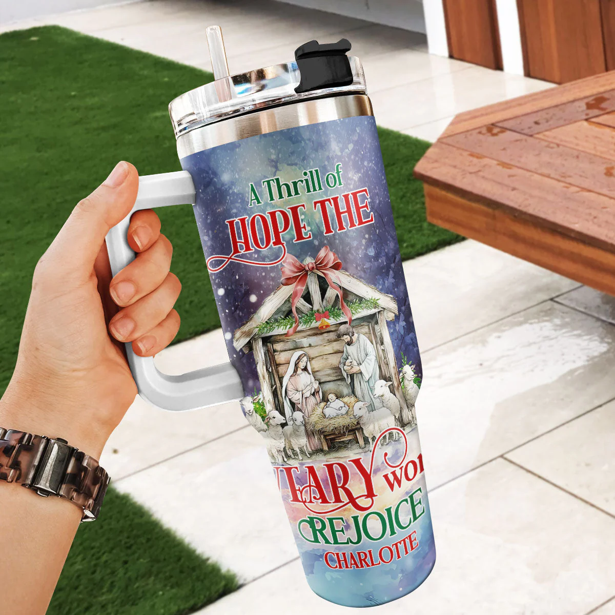 A Thrill Of Hope The Weary World Rejoice | Personalized Stainless Steel Tumbler - Image 6