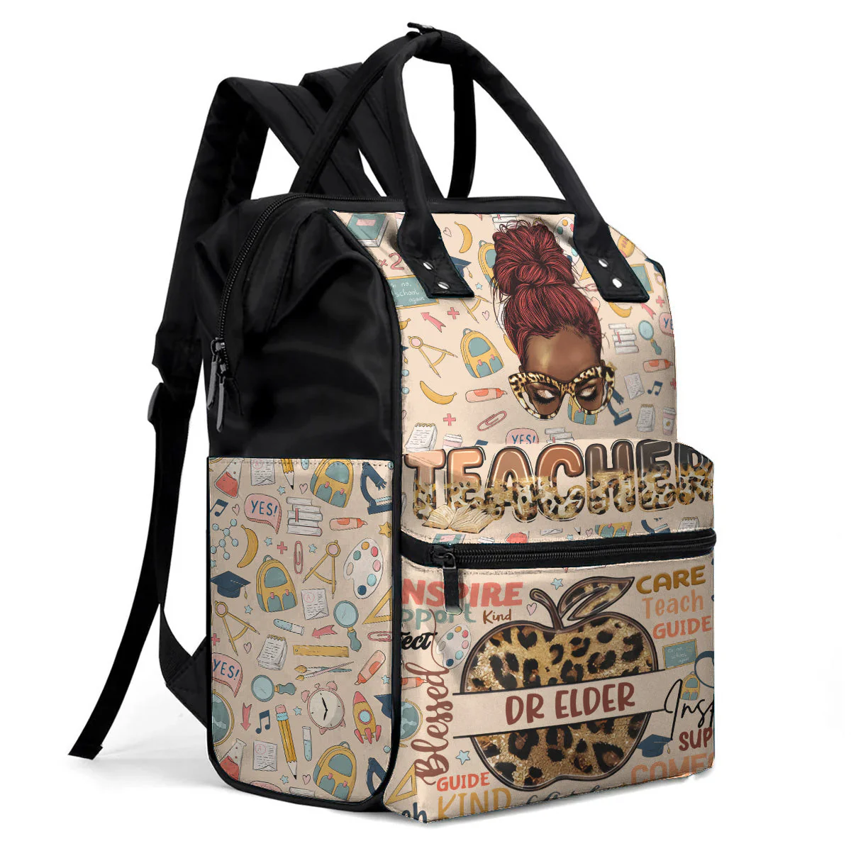 Afro Teacher Apple Leopard Print - Personalized Duckbilled Backpack - Gift For Teacher HD95 - Image 2