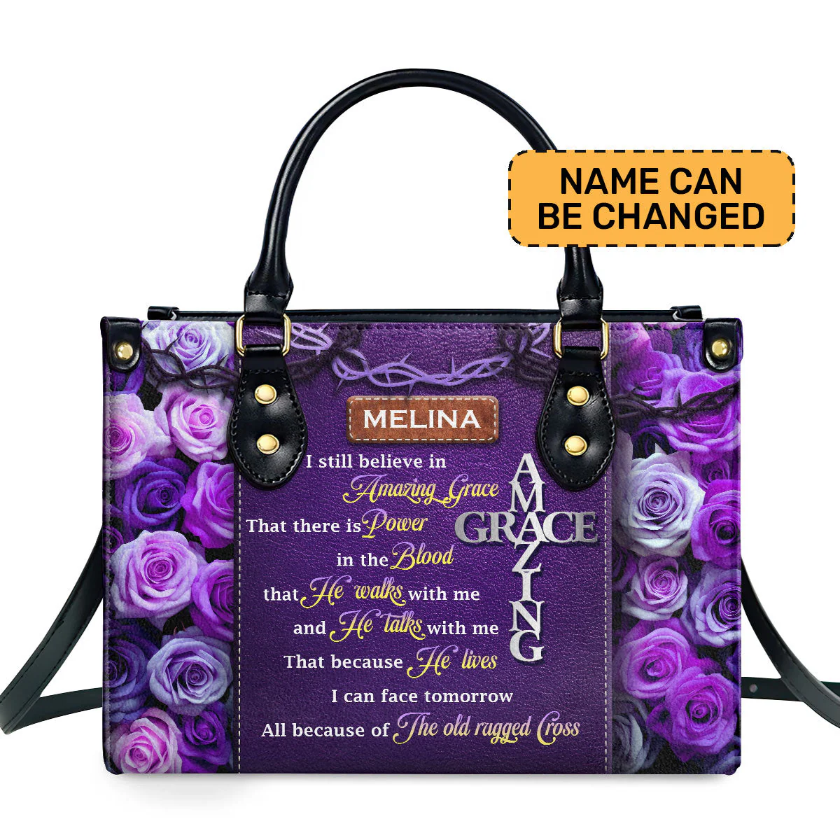 Amazing Grace Purple Roses Bible Verse - Personalized Leather Handbag - Christian Gift For Women  | HD95