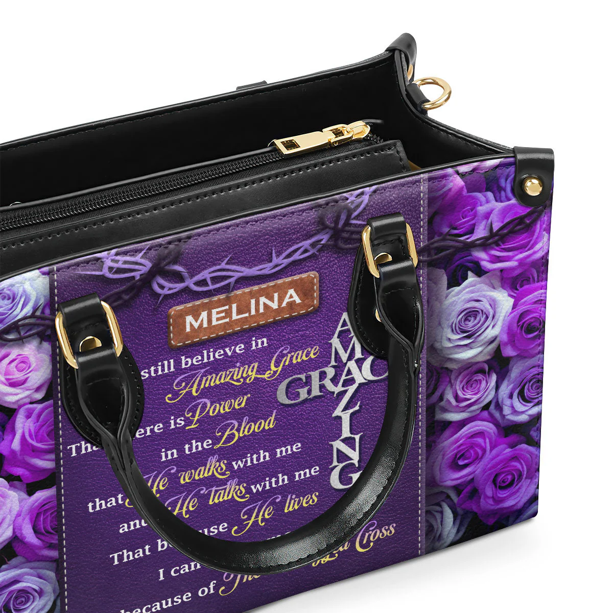 Amazing Grace Purple Roses Bible Verse - Personalized Leather Handbag - Christian Gift For Women  | HD95 - Image 3