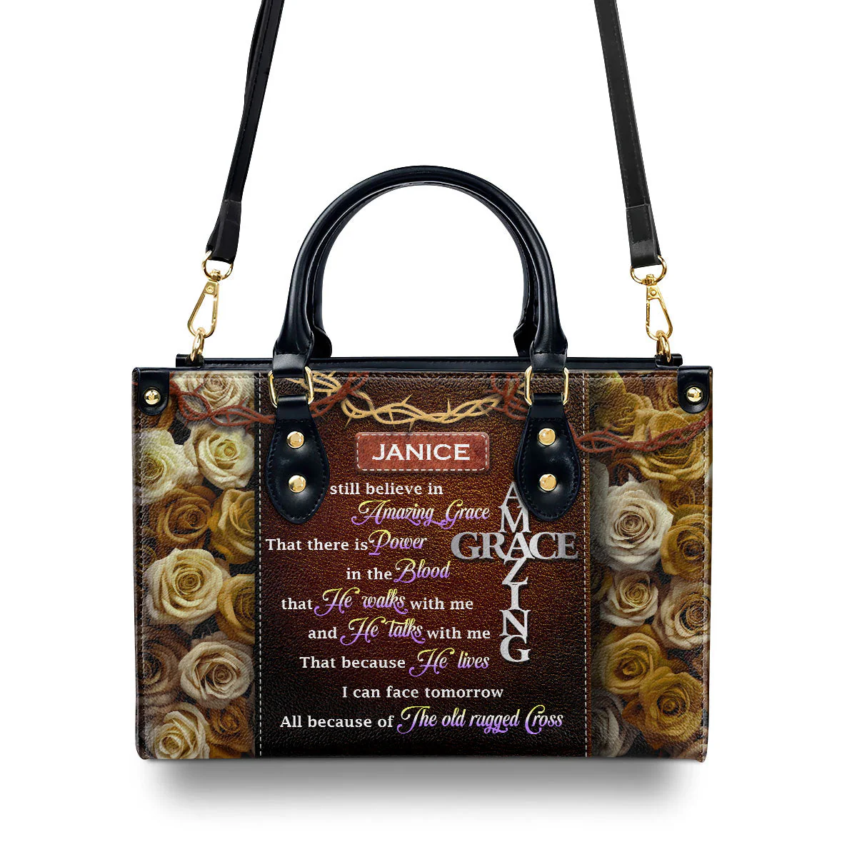 Amazing Grace Purple Roses Bible Verse - Personalized Leather Handbag - Christian Gift For Women  | HD95 - Image 4