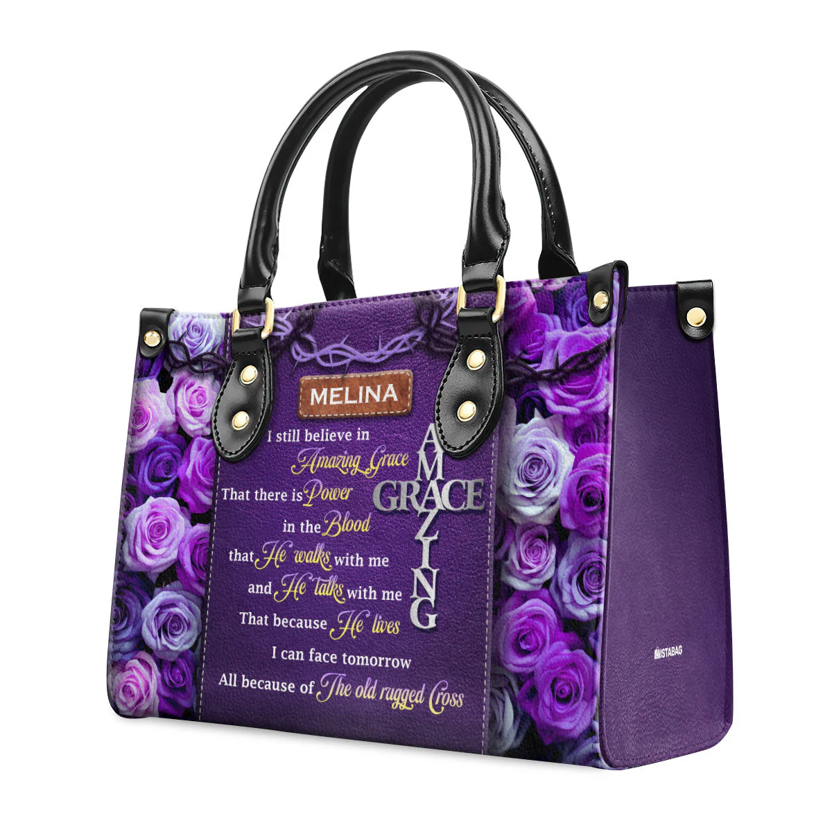 Amazing Grace Purple Roses Bible Verse - Personalized Leather Handbag - Christian Gift For Women  | HD95 - Image 5