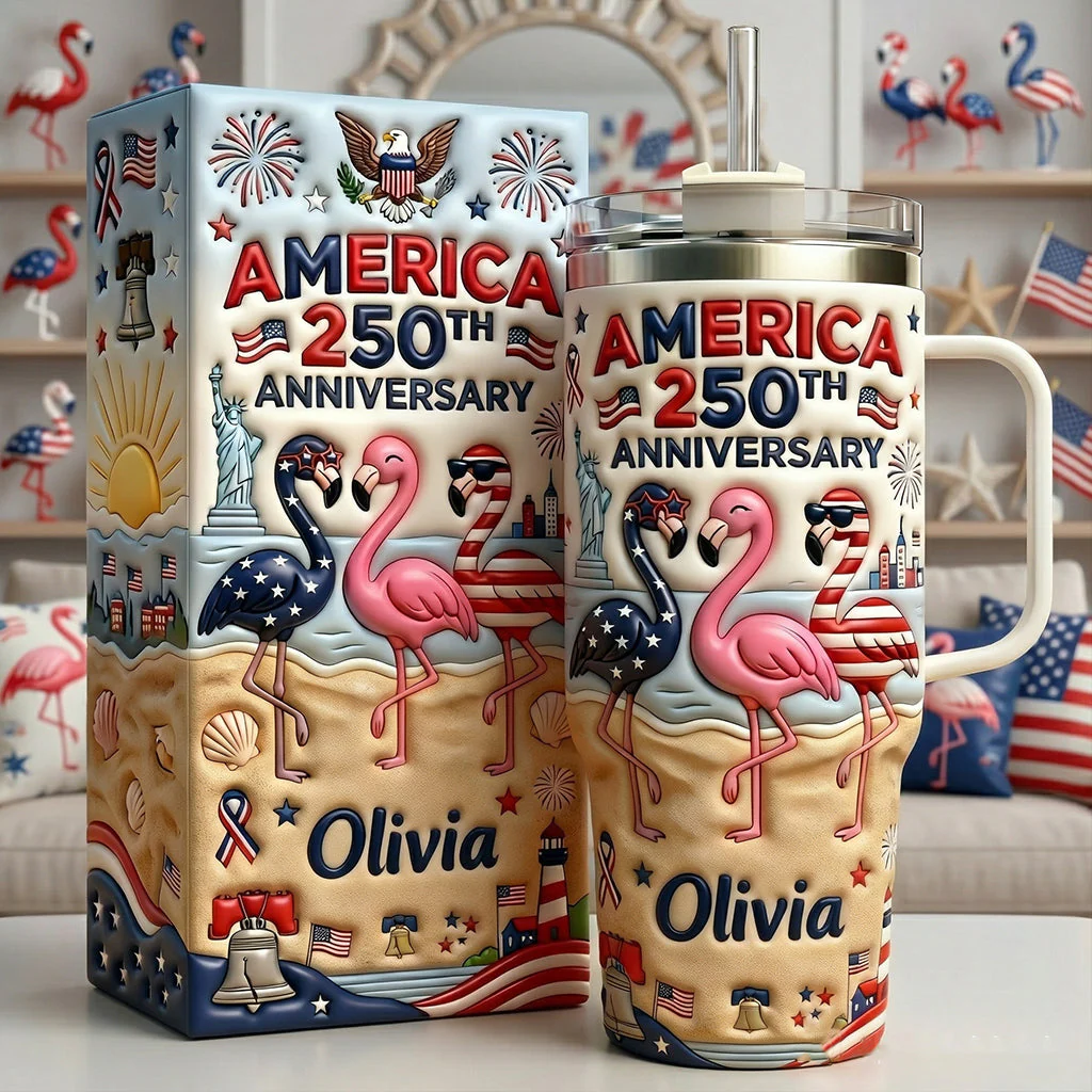 America 250th Anniversary Cute Patriotic Flamingo - Personalized Tumbler - Gift For Patriots