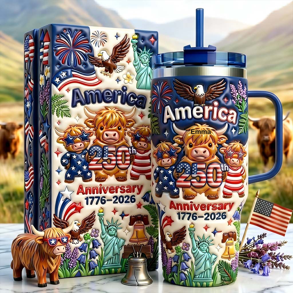 America 250th Anniversary Cute Patriotic Highland Cow - Personalized Tumbler - Gift For Patriots