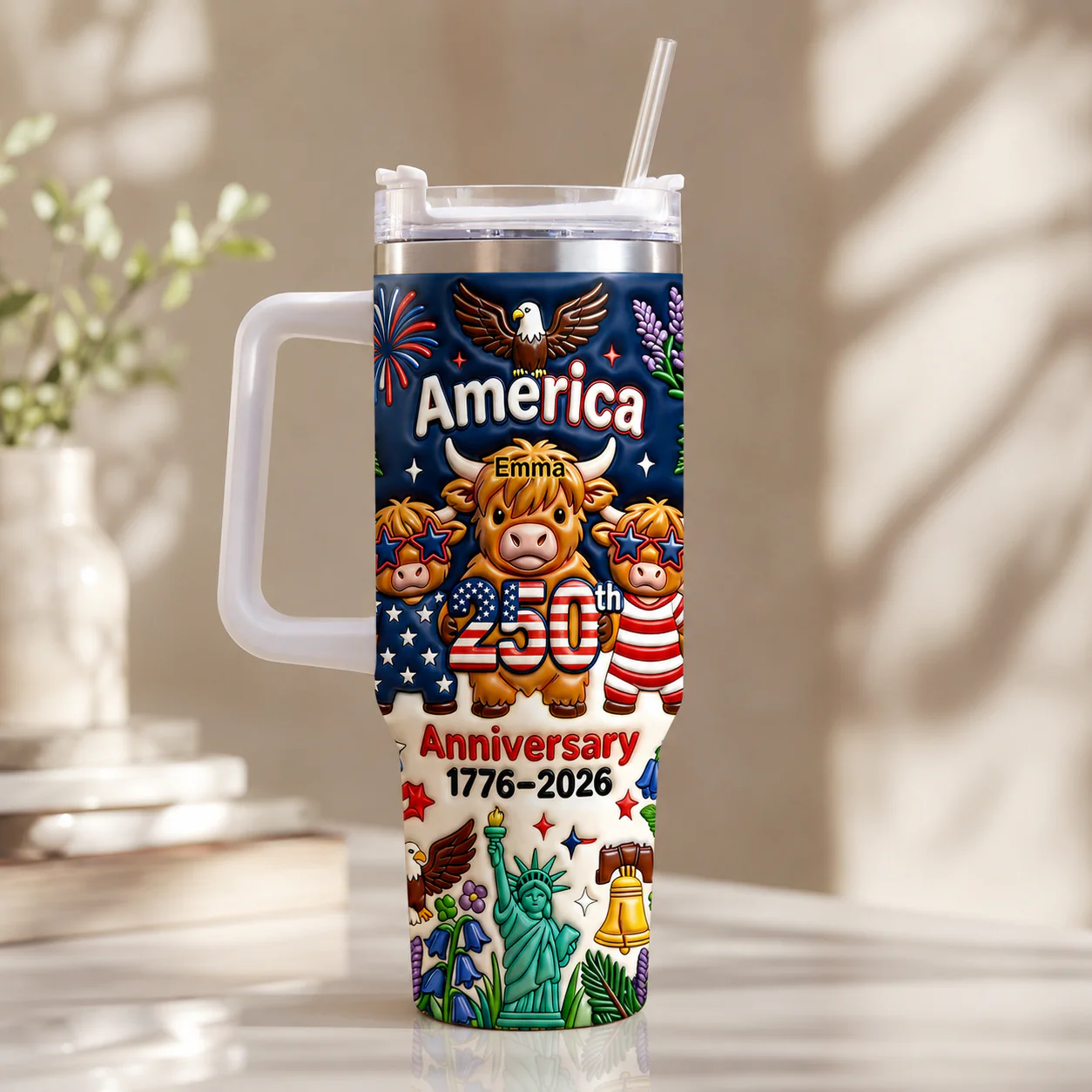 America 250th Anniversary Cute Patriotic Highland Cow - Personalized Tumbler - Gift For Patriots - Image 2