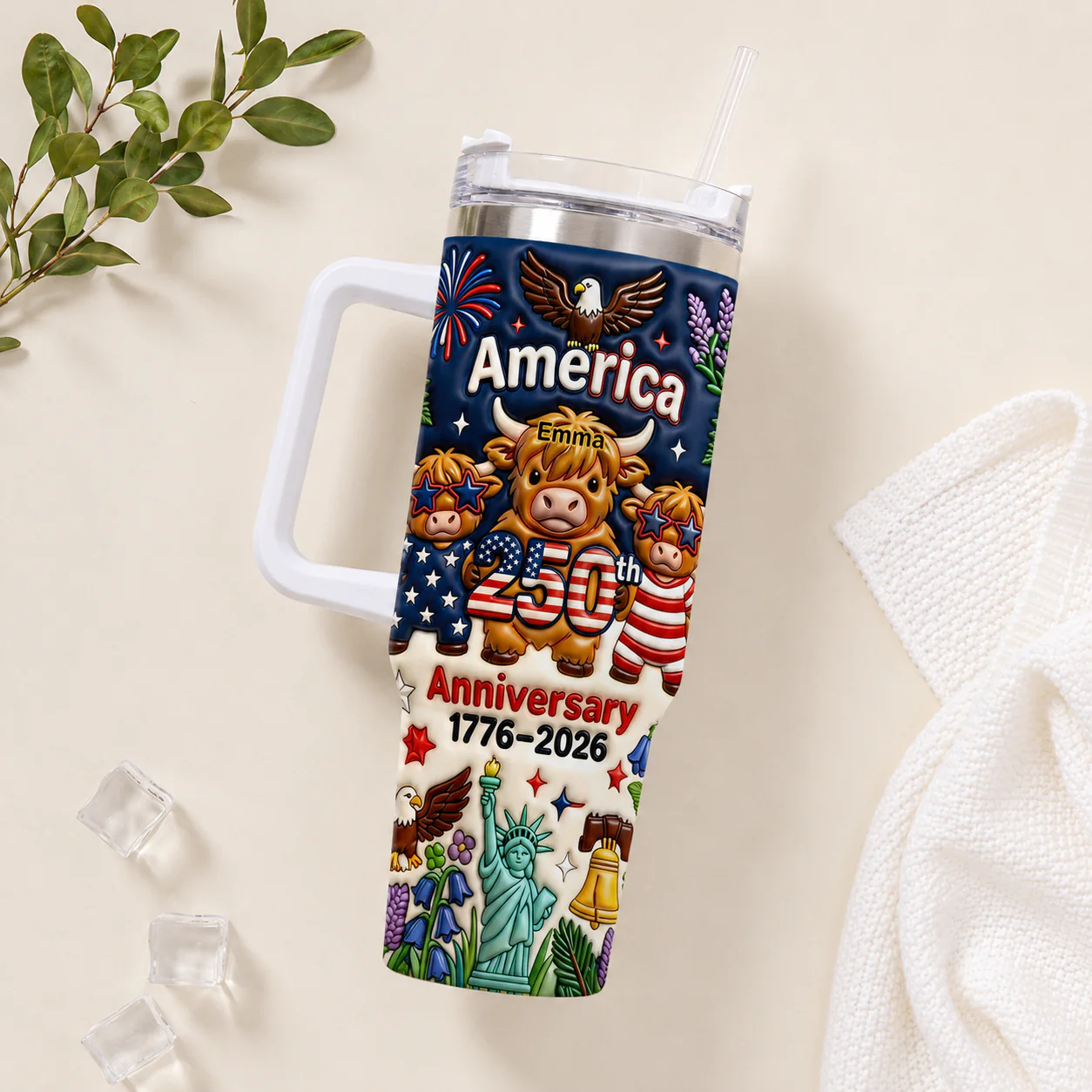America 250th Anniversary Cute Patriotic Highland Cow - Personalized Tumbler - Gift For Patriots - Image 5