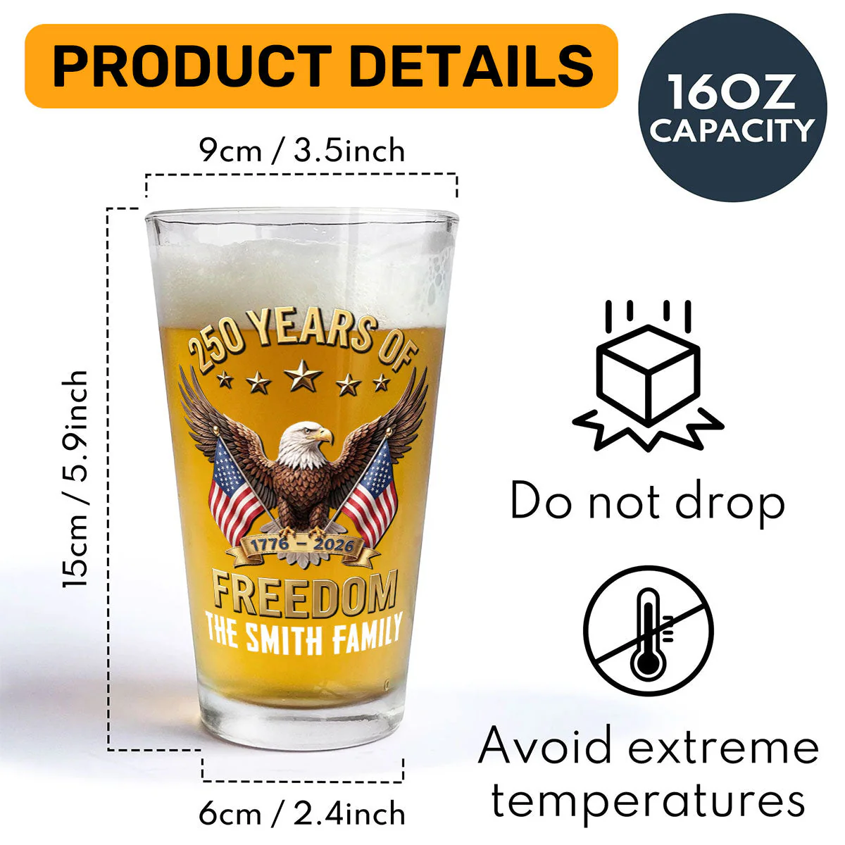 America 250th Anniversary -  Personalized Beer Glass - Gift For Patriots - Image 5