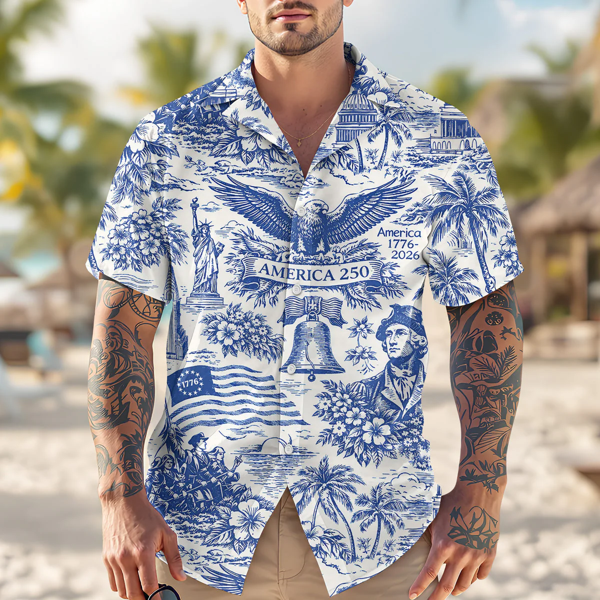 America 250th Anniversary Toile De Jouy Style Patriotic - Hawaiian Shirt - Gift for Dad, Husband, Grandpa | HN02 - Image 2