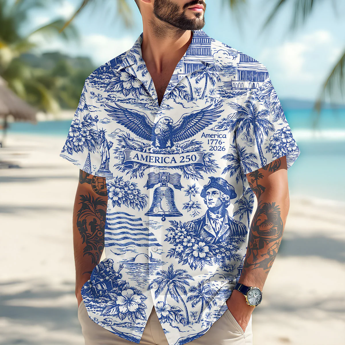 America 250th Anniversary Toile De Jouy Style Patriotic - Hawaiian Shirt - Gift for Dad, Husband, Grandpa | HN02 - Image 3