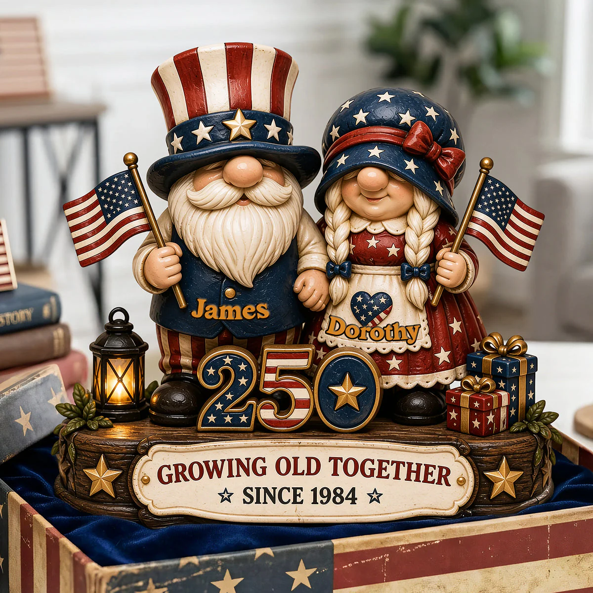 American Flag 250th Anniversary Gnome Couple Growing Old Together - Personalized Acrylic Plaque - Gift For Patriotic Family, Couple - Image 3