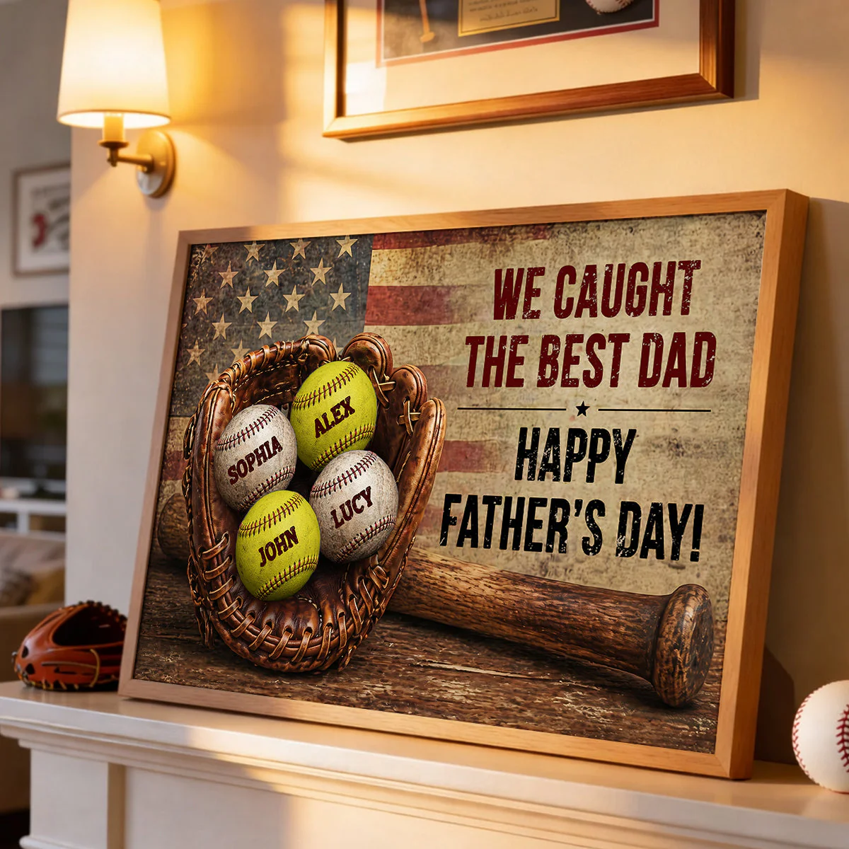 American Flag Baseball Gloves We Caught The Best Dad - Personalized Poster Canvas - Gift For Dad - Image 3