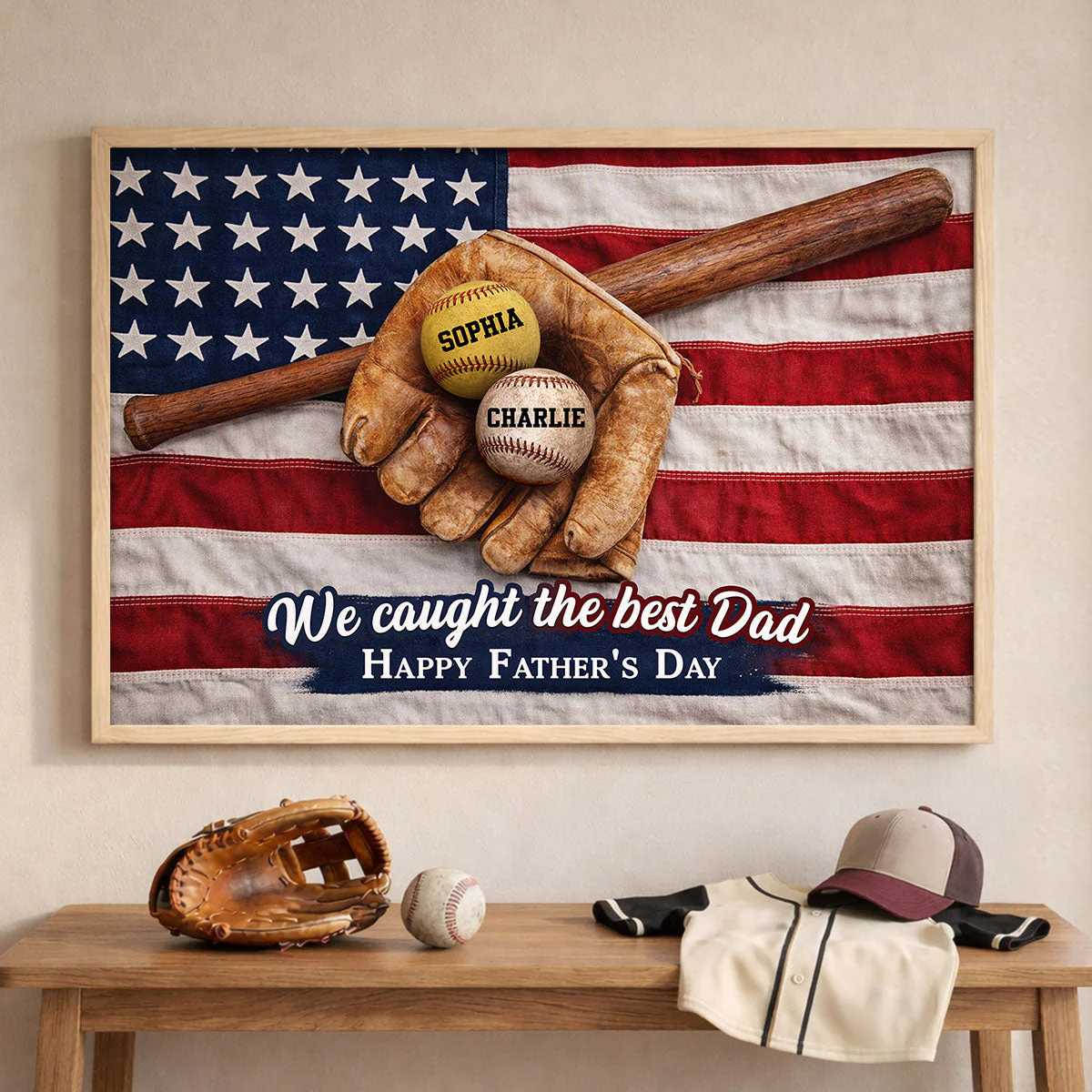 American Flag Baseball We Caught The Best Dad - Personalized Poster Canvas - Gift For Dad