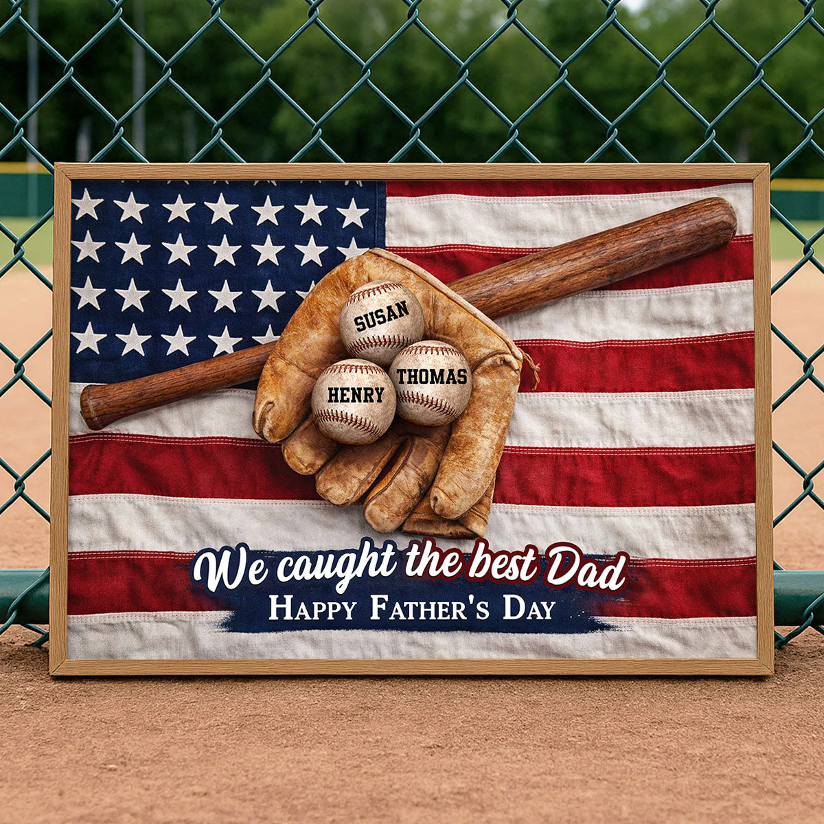 American Flag Baseball We Caught The Best Dad - Personalized Poster Canvas - Gift For Dad - Image 2