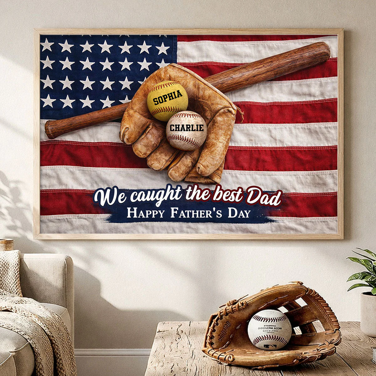 American Flag Baseball We Caught The Best Dad - Personalized Poster Canvas - Gift For Dad - Image 3