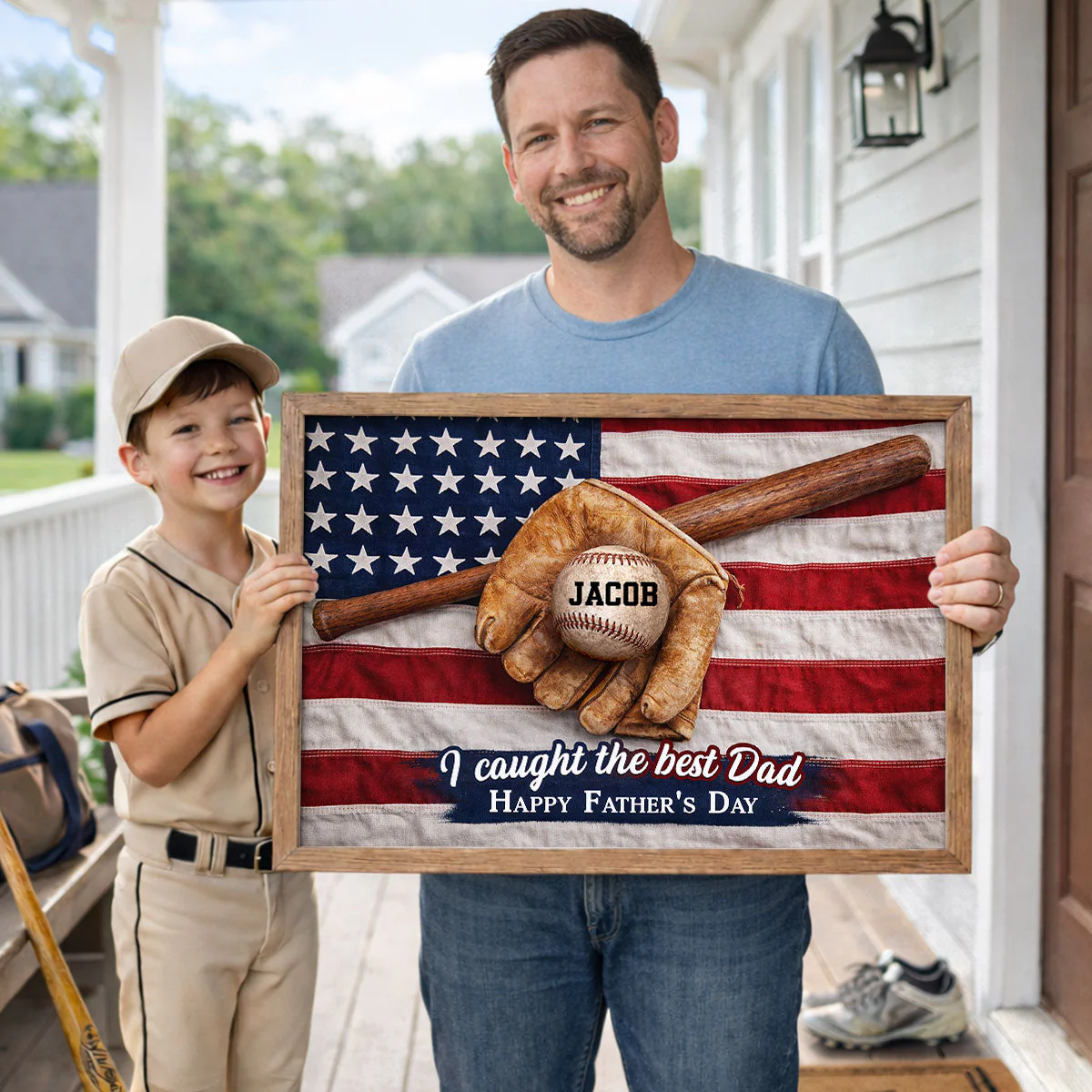 American Flag Baseball We Caught The Best Dad - Personalized Poster Canvas - Gift For Dad - Image 5