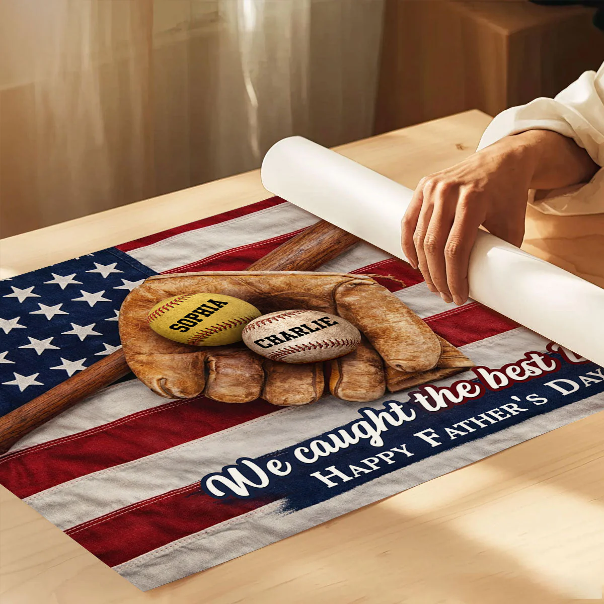 American Flag Baseball We Caught The Best Dad - Personalized Poster Canvas - Gift For Dad - Image 7