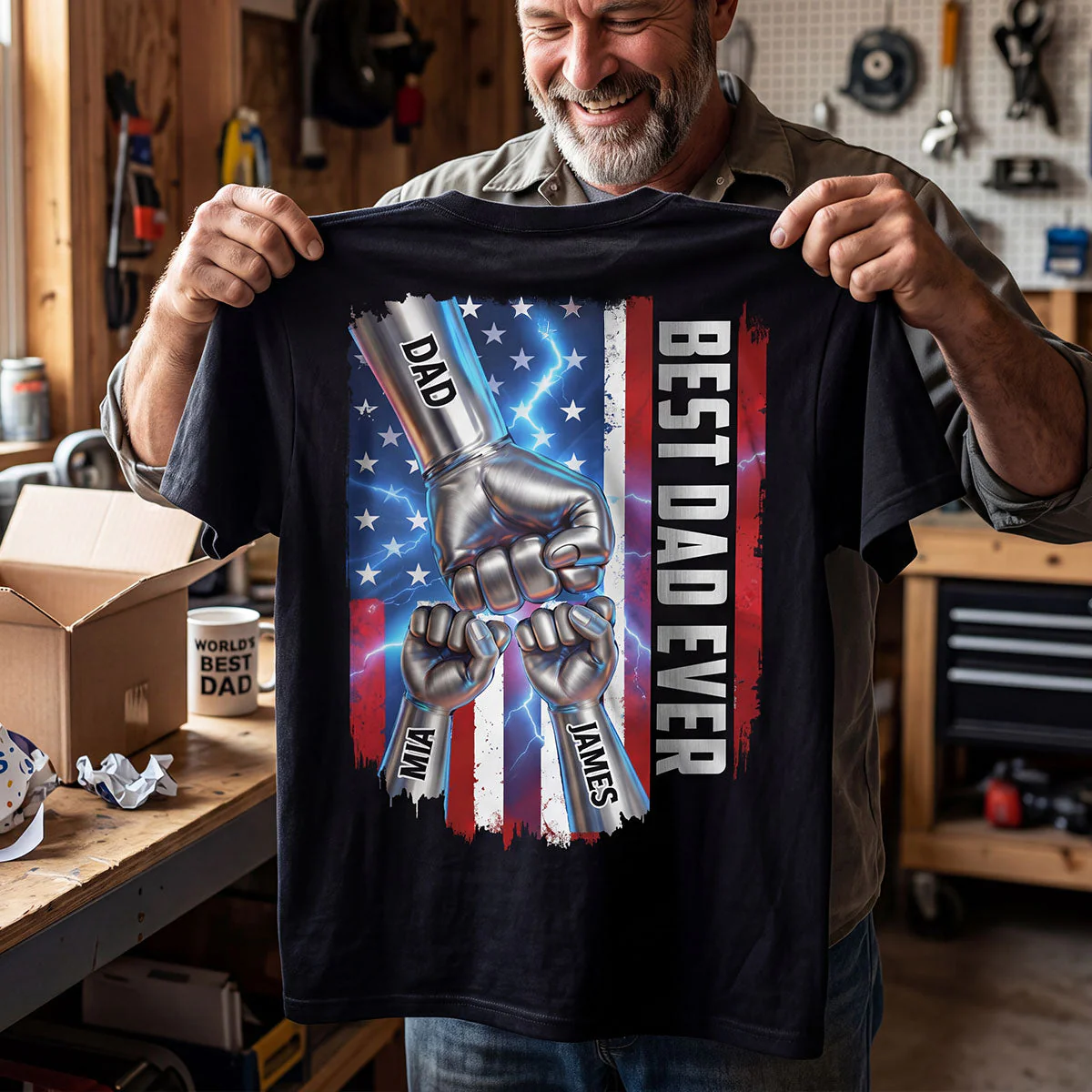 American Flag Best Dad Ever - Personalized AOP Tshirt - Gifts For Patriotic Dad, Grandpa - Image 2