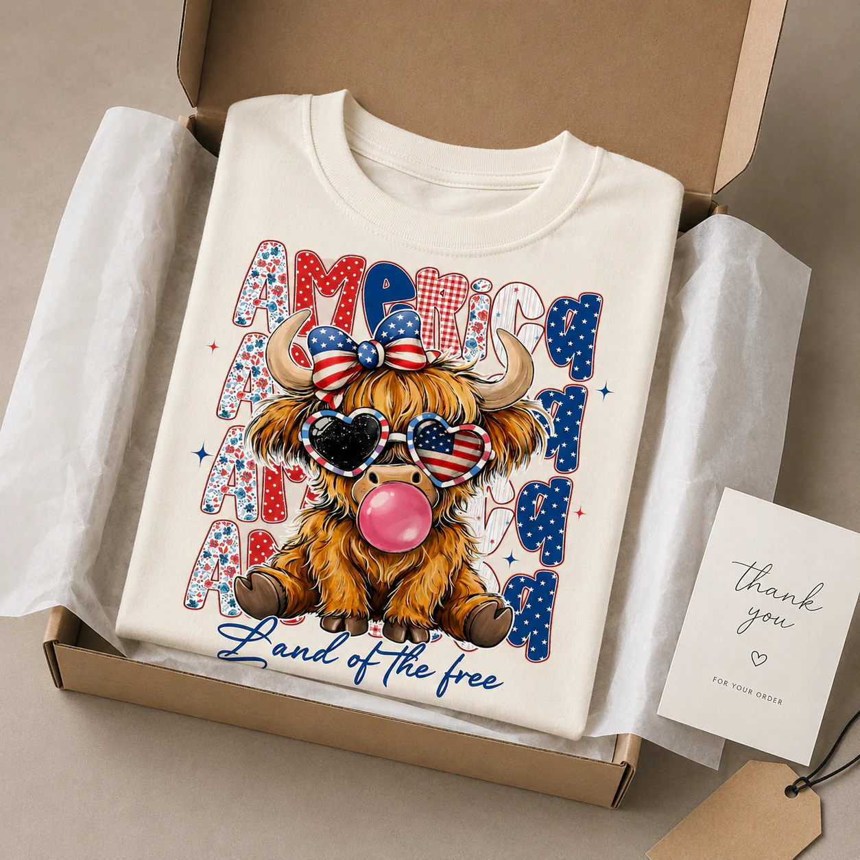 American Flag Highland Cow Land Of The Free - Personalized Light Shirt - Gift For Patriots - Image 5
