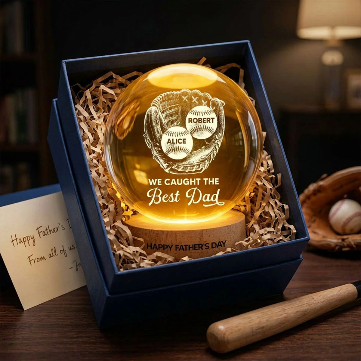 Baseball We Caught The Best Dad - Personalized Crystal Globe Lamp - Gift For Dad, Baseball Lovers - Image 2