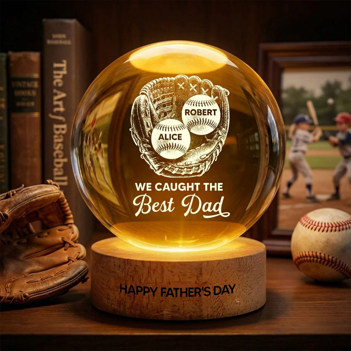 Baseball We Caught The Best Dad - Personalized Crystal Globe Lamp - Gift For Dad, Baseball Lovers - Image 3