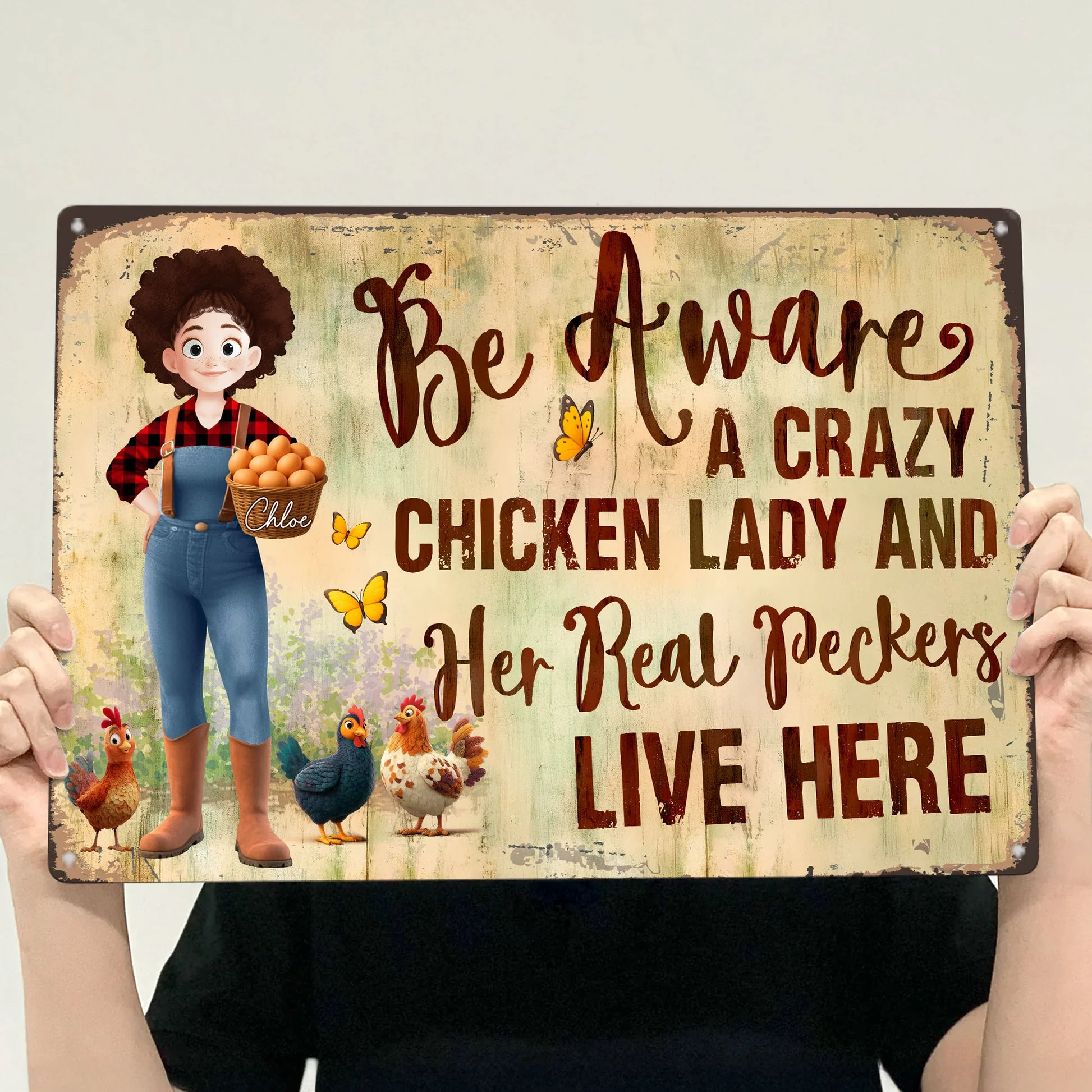 Be Aware A Crazy Chicken Lady And Her Peckers Live Here - Personalized Metal Sign | GR31 - Image 3