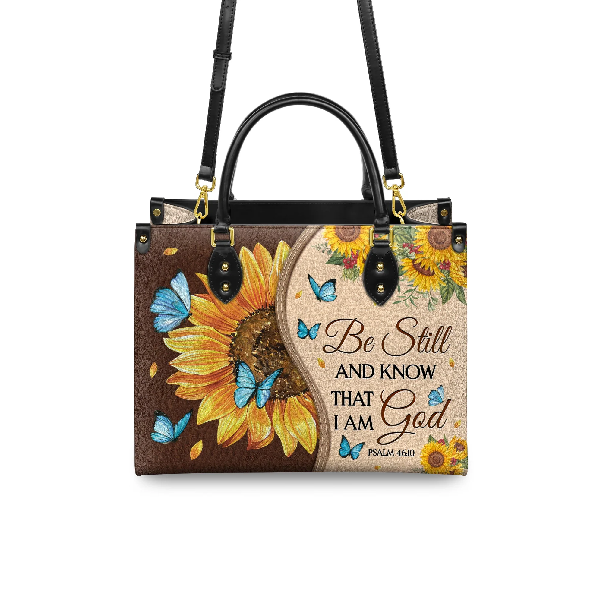 Be Still and Know That I Am God Psalm 46:10 Sunflower - Leather Handbag - Image 3