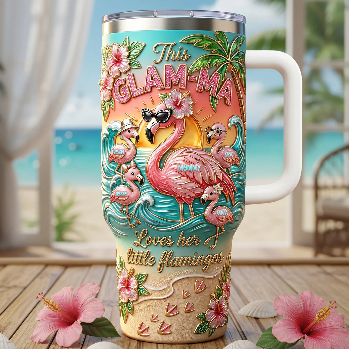 Beach Theme Flamingo Mom And Kids - Personalized Tumbler - Gift For Mom - Image 3