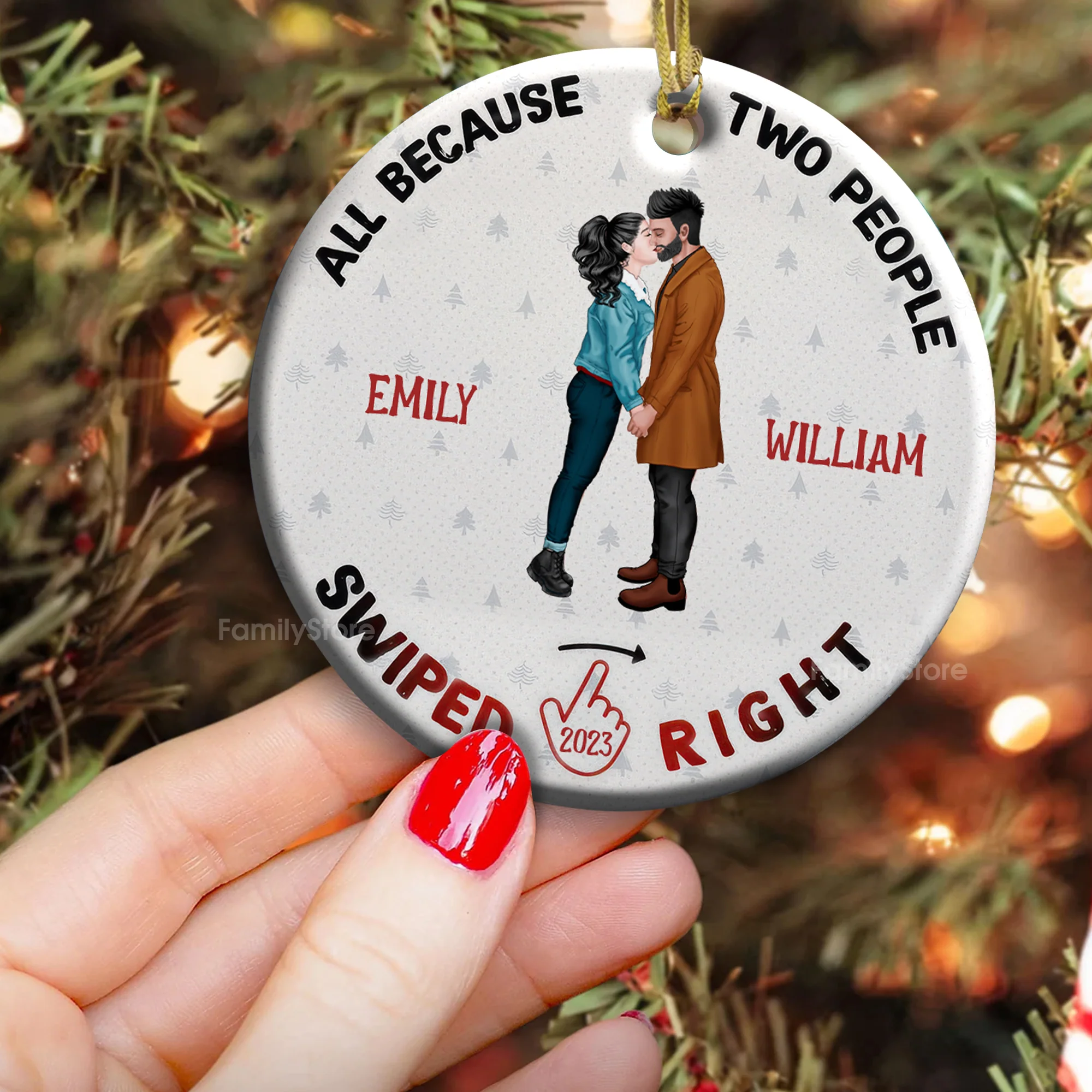 Because Two People Swiped Right - Gift for Couples - Personalized Ceramic Ornament - CL30 NH96 - Image 2
