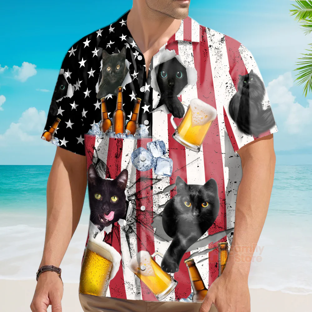 Beer And Black Cat American Flag Vintage - Hawaiian Shirt