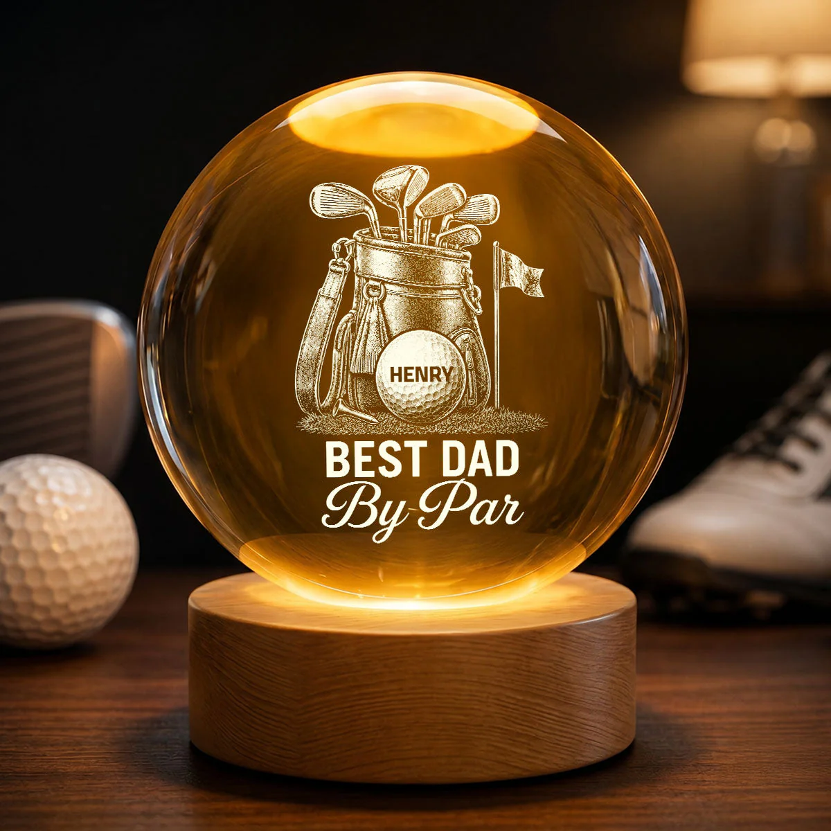 Best Dad By Par Golf - Personalized Crystal Globe Lamp - Gift For Dad, Grandpa, Golf Lovers