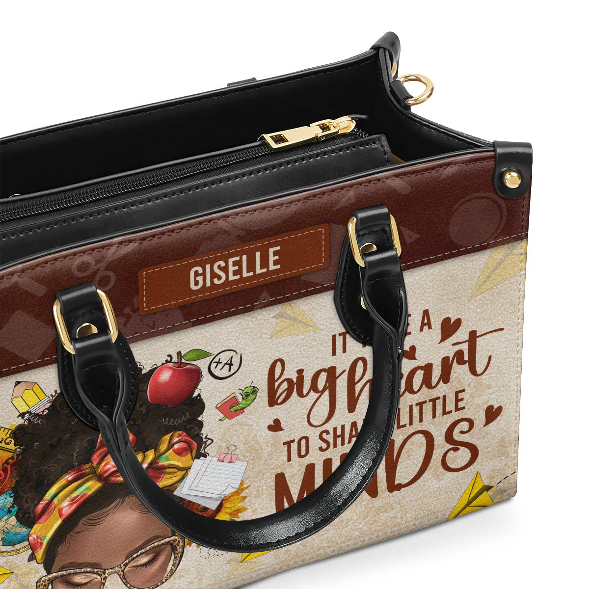 Big Heart Shape Little Minds - Personalized Teacher Leather Handbag - Gift For Her, Teacher's Day HD95 - Image 3