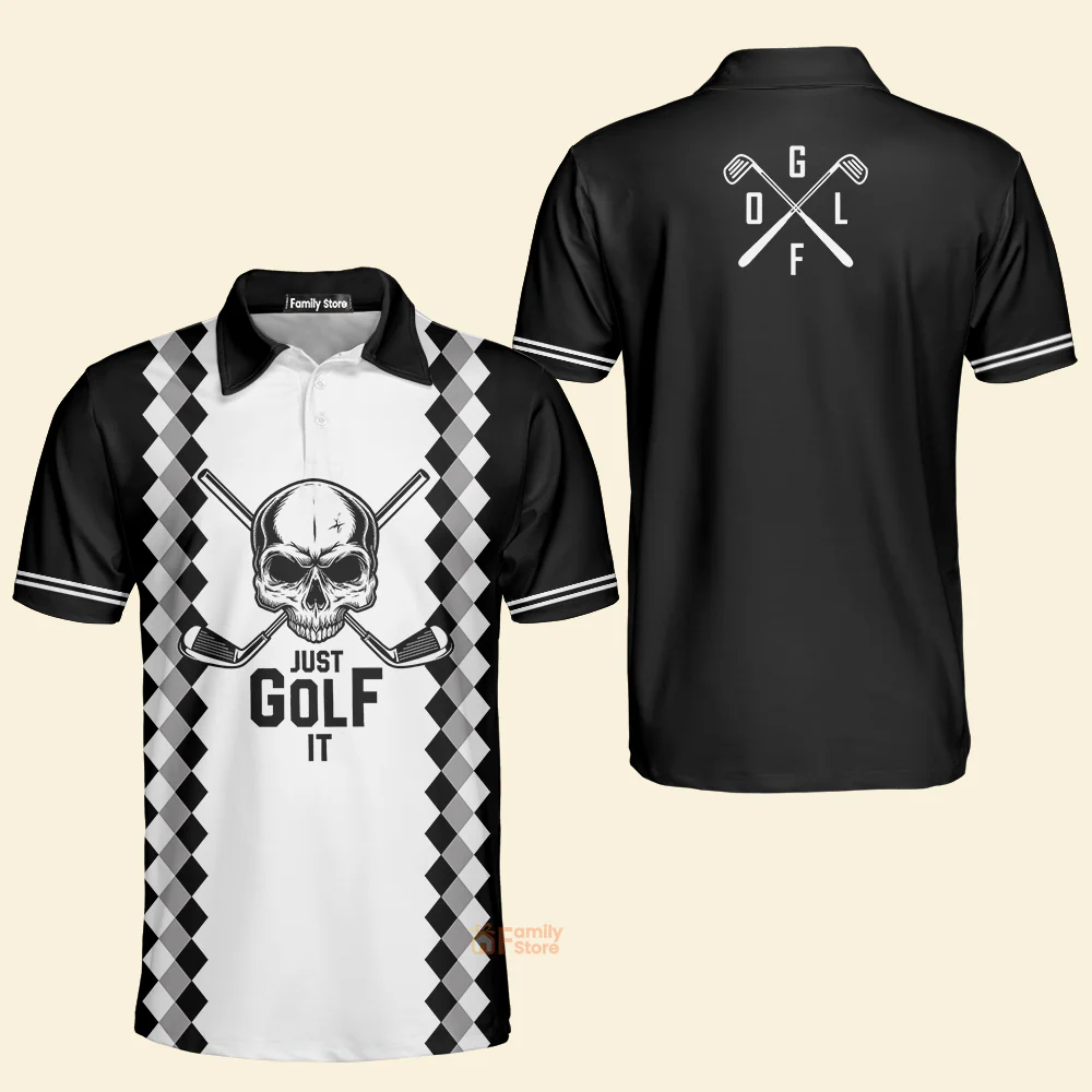 Black And White Argyle Pattern Just Golf It Skull Golf - Men Polo - Image 4