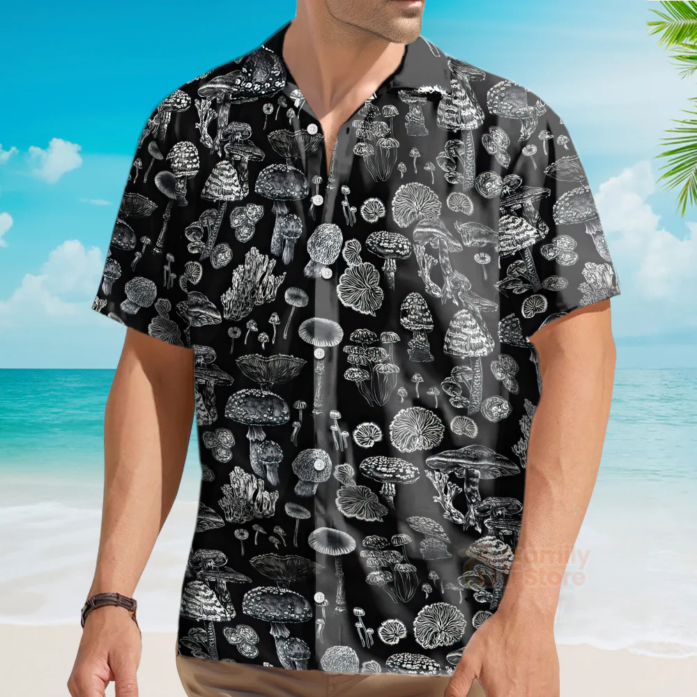 Black And White Casual Mushroom Hawaiian Shirt - For Men & Women - Image 3
