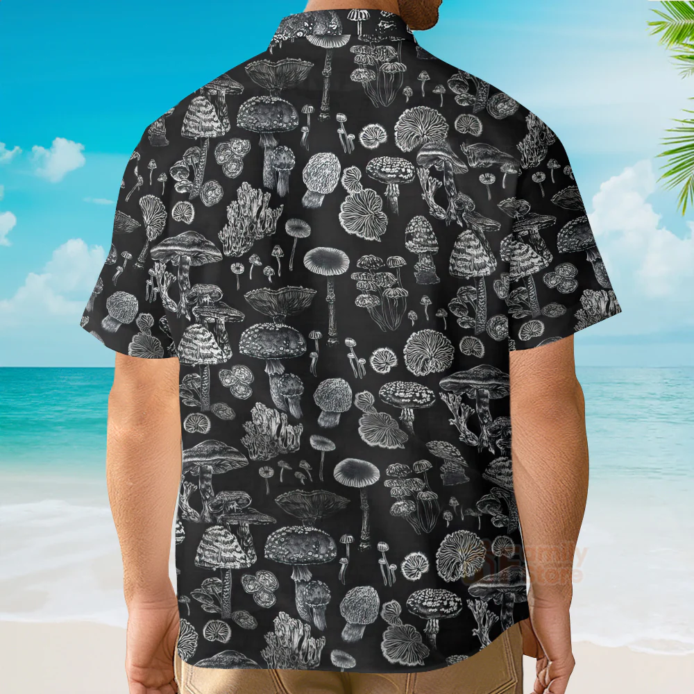 Black And White Casual Mushroom Hawaiian Shirt - For Men & Women - Image 4
