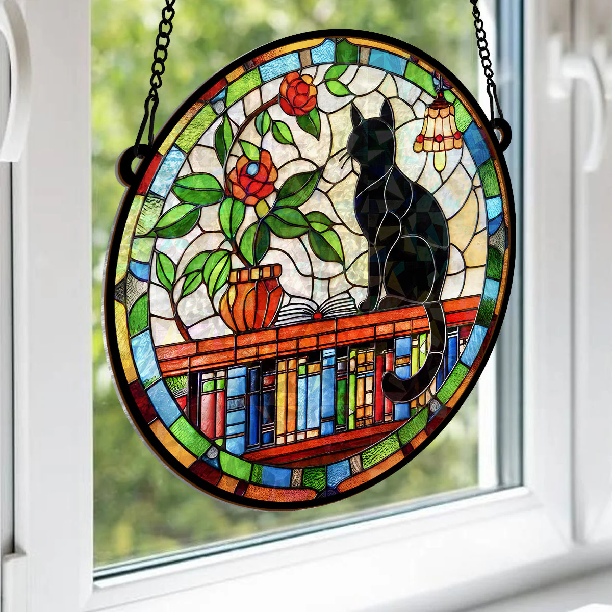 Black Cat, Book, & The Moon - Personalized Window Hanging Suncatcher - Image 4
