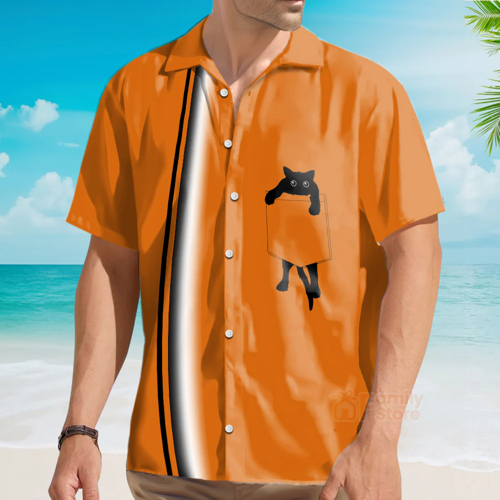 Black Cat Gradient Chest Pocket Hawaiian Shirt For Men - Image 3
