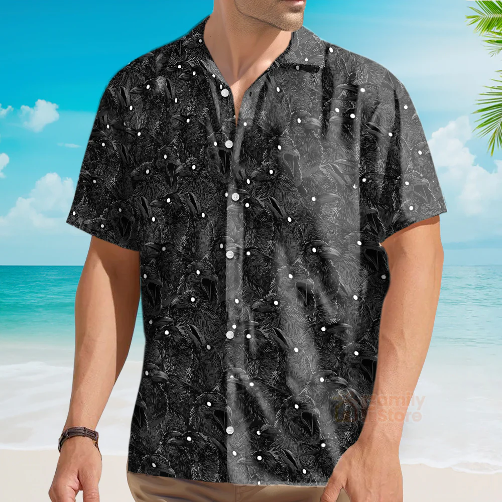 Black Raven Pattern Hawaiian Shirt - Image 4