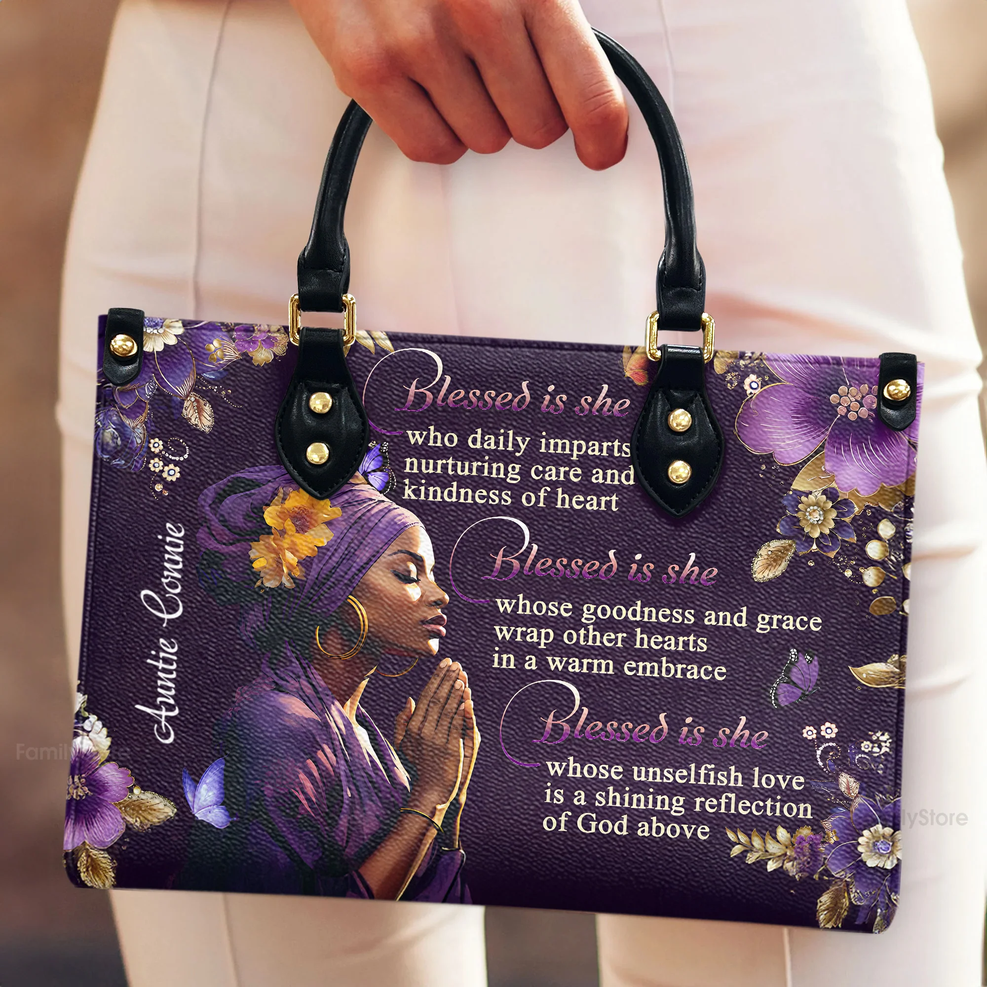 Blessed Is She - Scripture Gifts For Women Of God - Personalized Leather Handbag With Handle - AT4080956 - Image 4